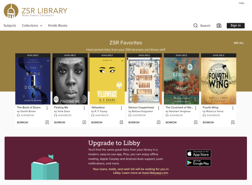 screenshot of ZSR Library's Overdrive homepage (for audiobooks)